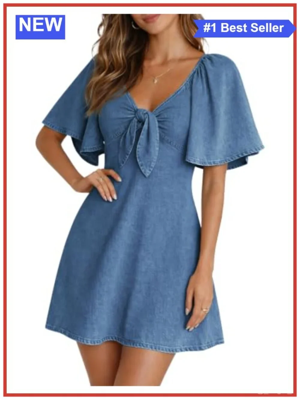Tie Front Flutter Sleeve Fit & Flare Denim Dress with Smocked Back
